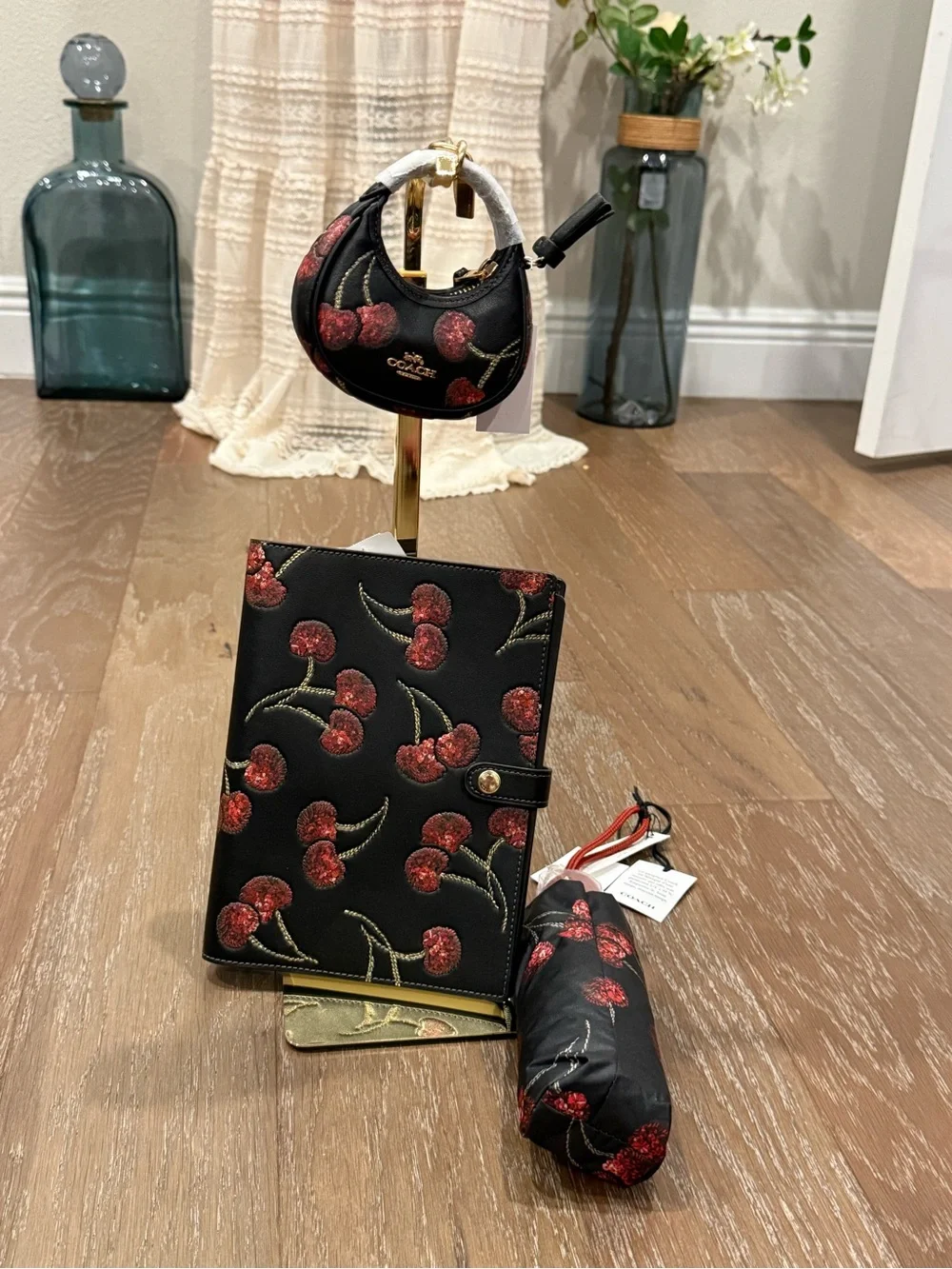 Coach Black Cherry Leather Notebooks, Umbrella, Mini Purse Key Ring Set